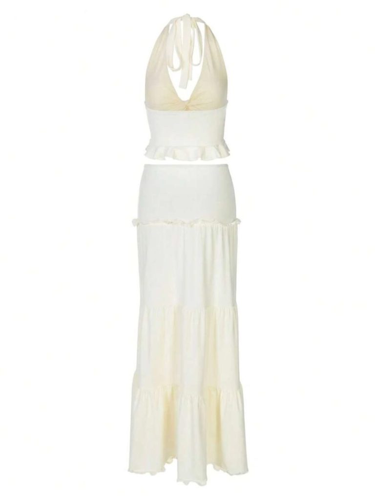 White Ruffle Halter Maxi Set