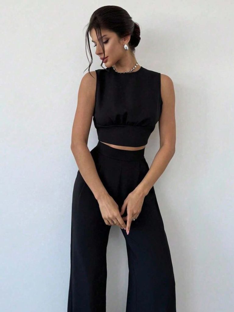 Black Sleeveless Crop Wide-Leg Set