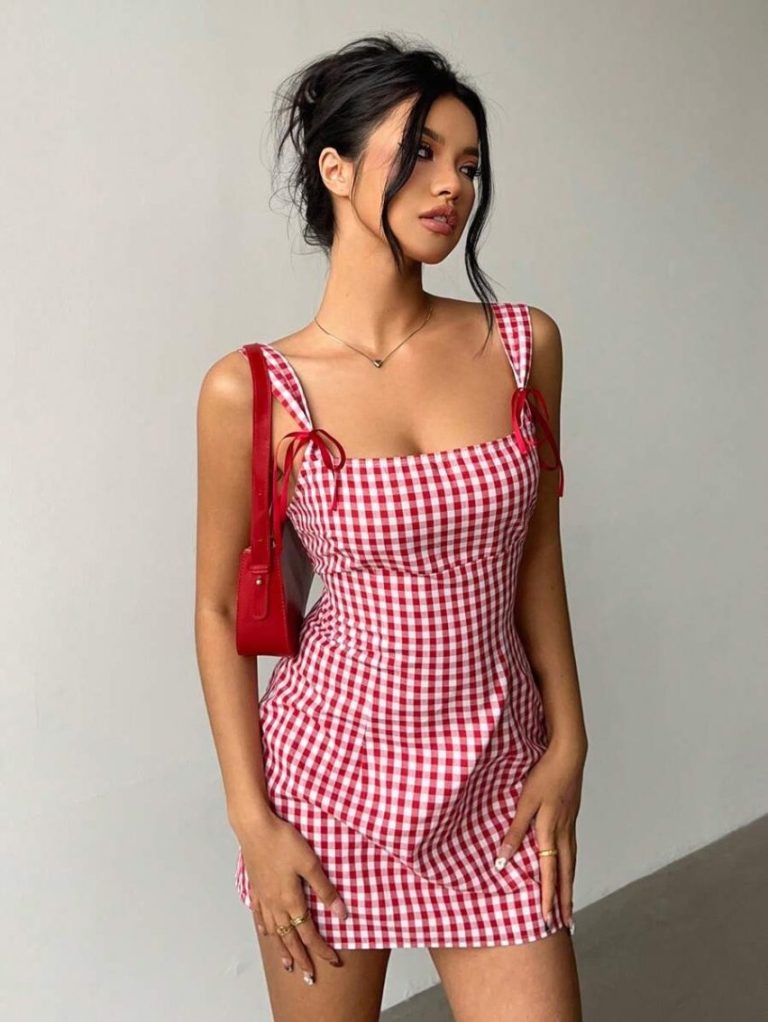 Red Gingham Bow-Strap Mini Dress