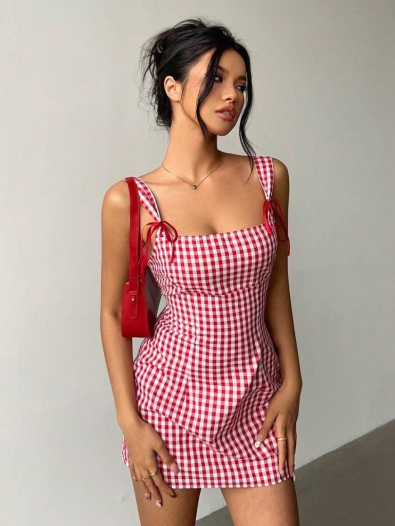 Red Gingham Bow-Strap Mini Dress