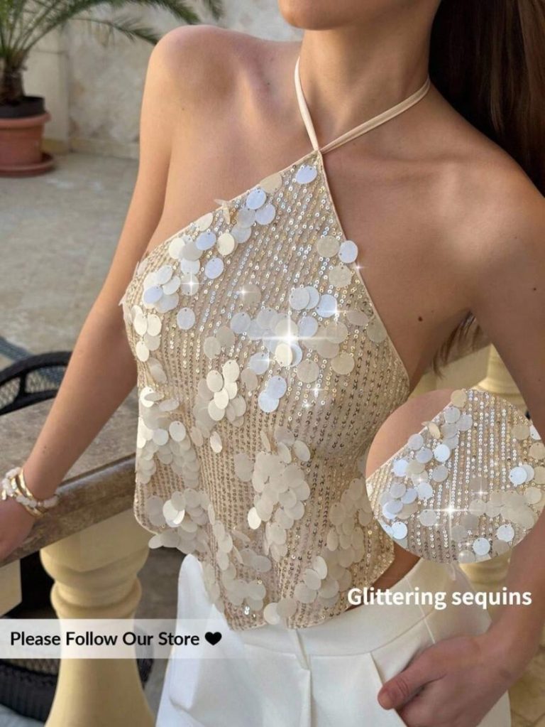 Champagne Sequin Halter Backless Top
