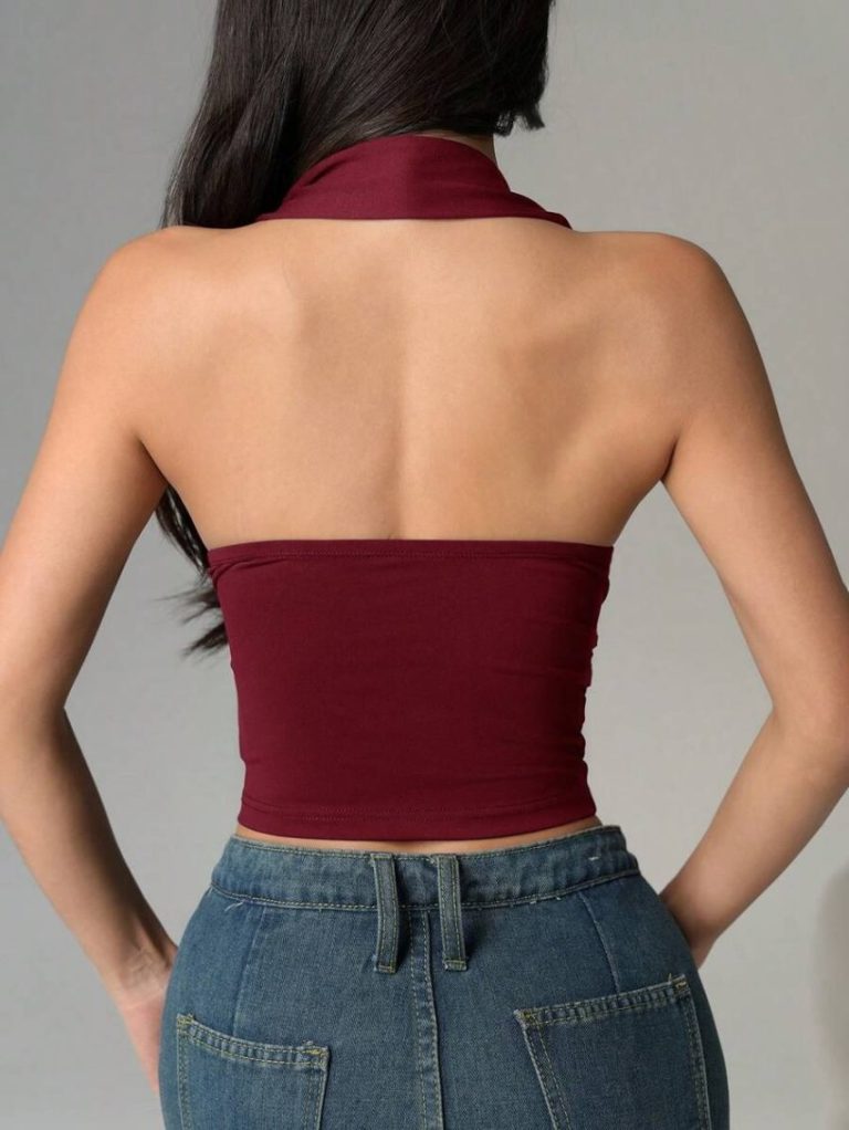 Burgundy Halter Backless Crop Top
