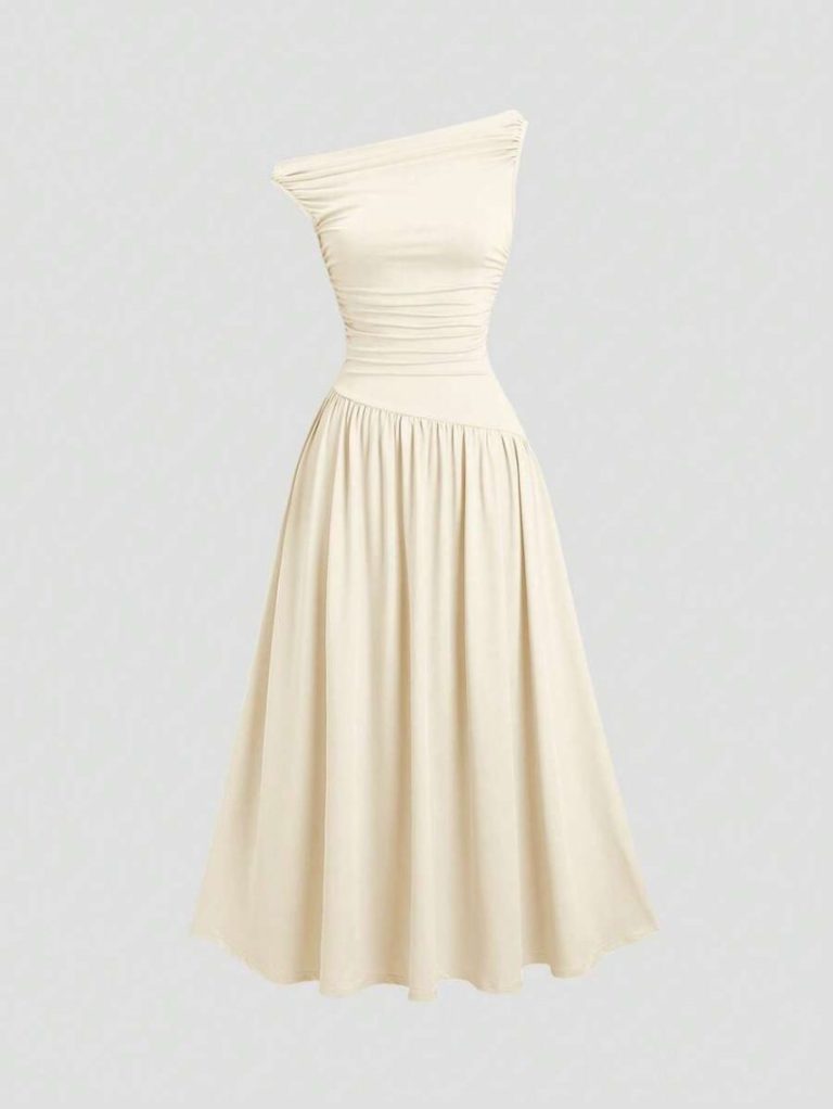 Cream One-Shoulder Ruched Midi Dress