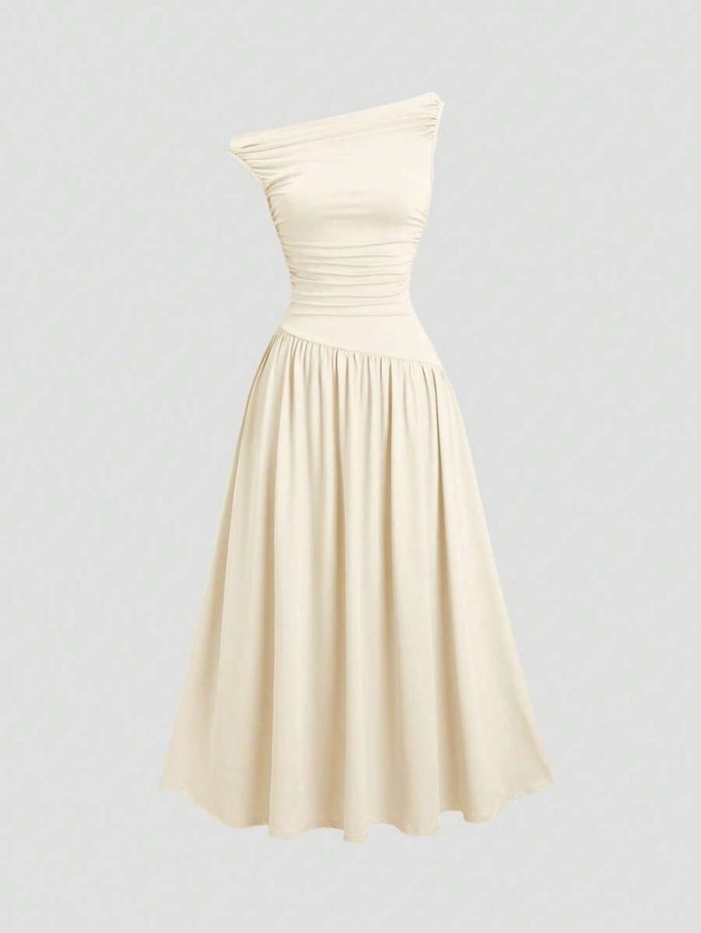 Cream One-Shoulder Ruched Midi Dress