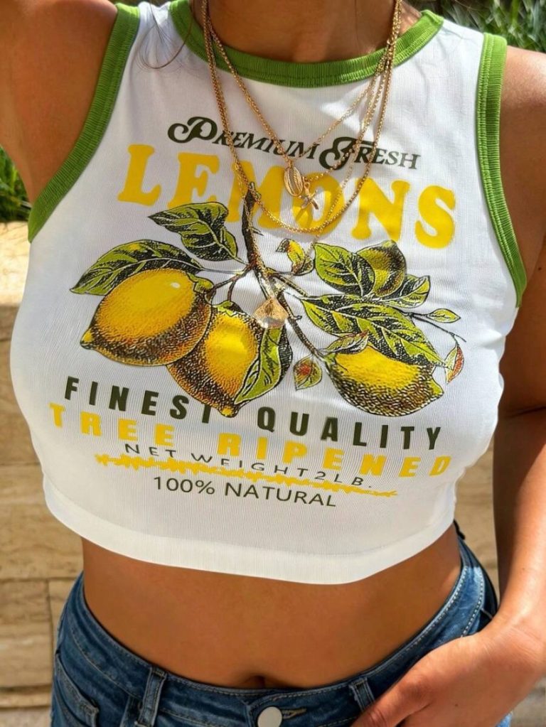 White Lemon Print Crop Top