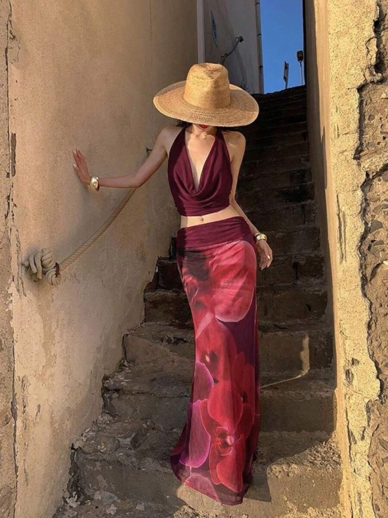 Burgundy Halter Backless Skirt Set
