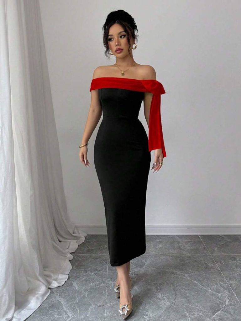 Black Colorblock Off-Shoulder Maxi Dress