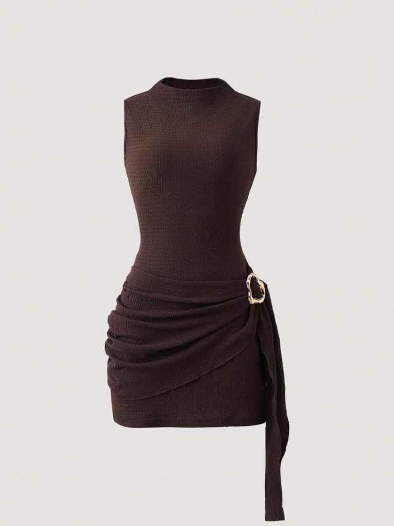 Slim Metal-Buckle High-Neck Dress