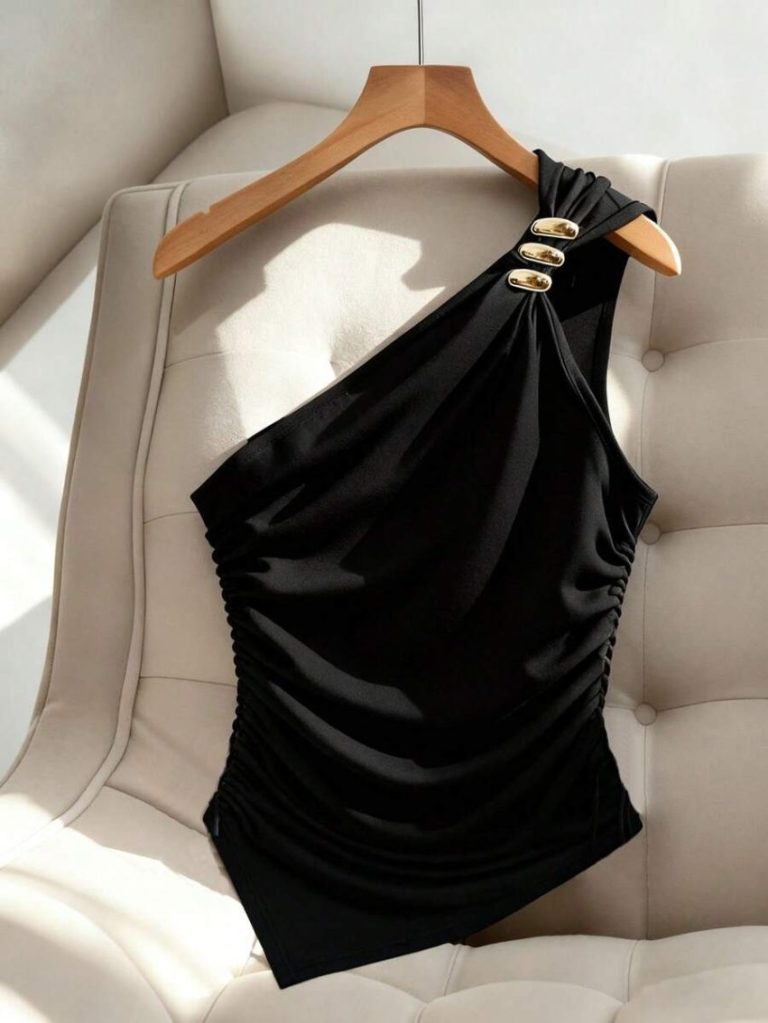 Minimalist Black Buckle Asymmetrical Top