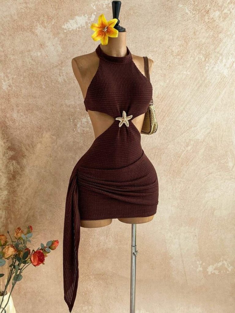 Brown Mock-Neck Cutout Mini Dress