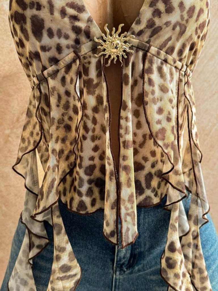 Leopard Scarf Backless Blouse