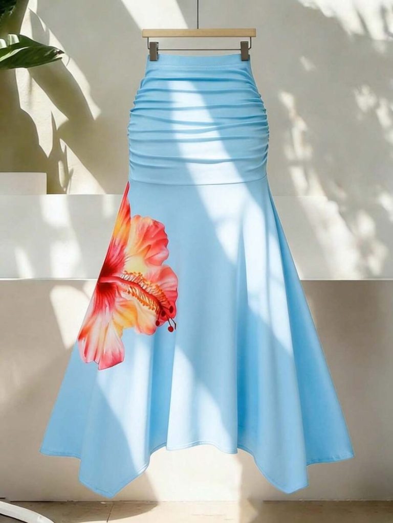 Blue Ruched Floral Midi Skirt