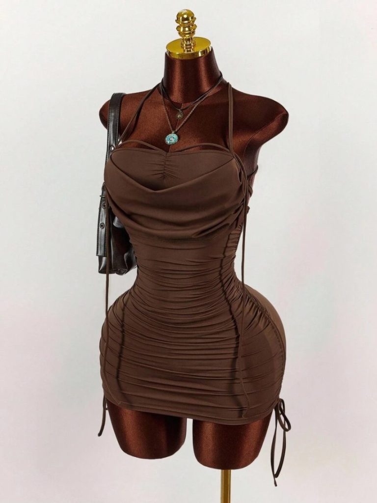 Brown Lace-Up Pleated Mini Dress