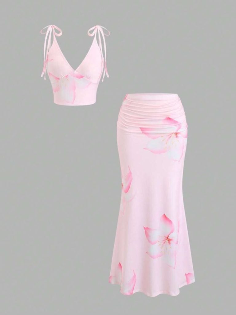 Pink Floral Crop Skirt Set