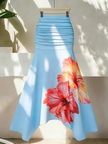 Blue Floral Mermaid Maxi Skirt