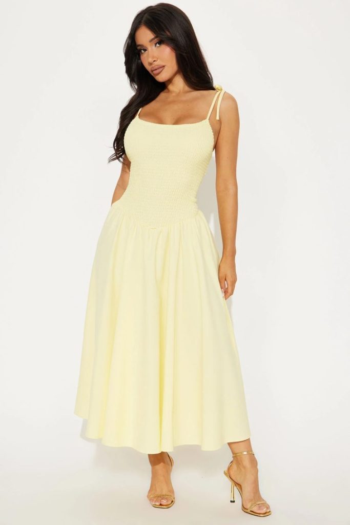 Yellow Smocked Sleeveless Midi Dress