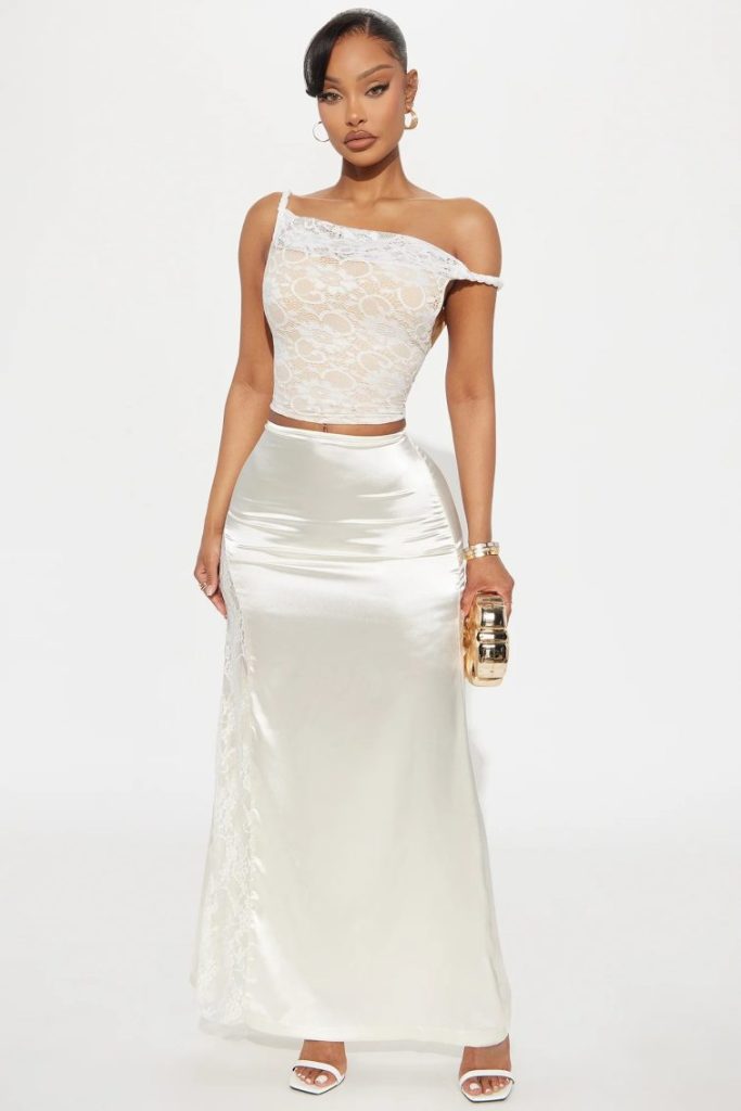 Lace One-Shoulder Satin Skirt Set