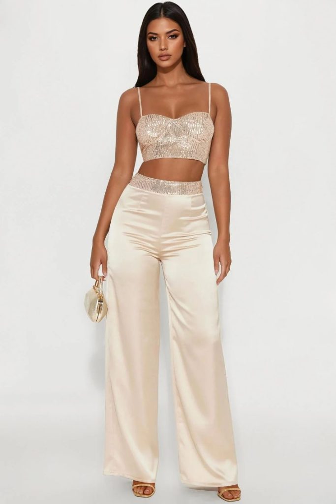 Sequin Bustier Wide-Leg Set