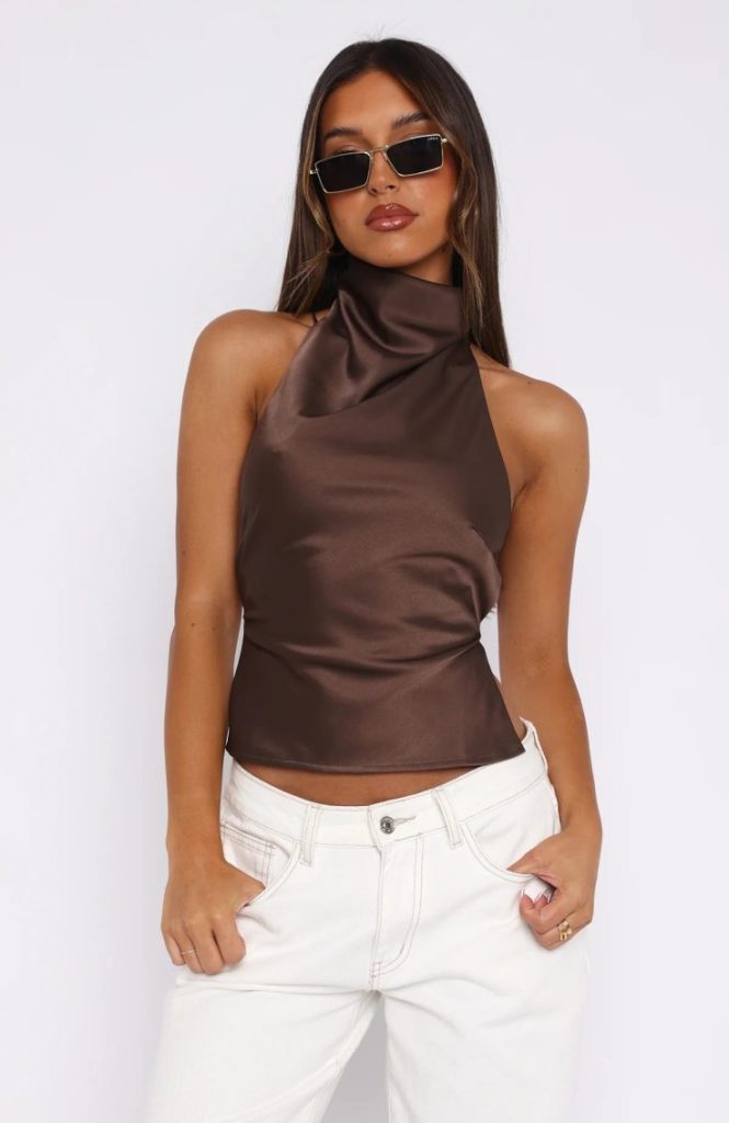 Brown Satin Halter Draped Cami