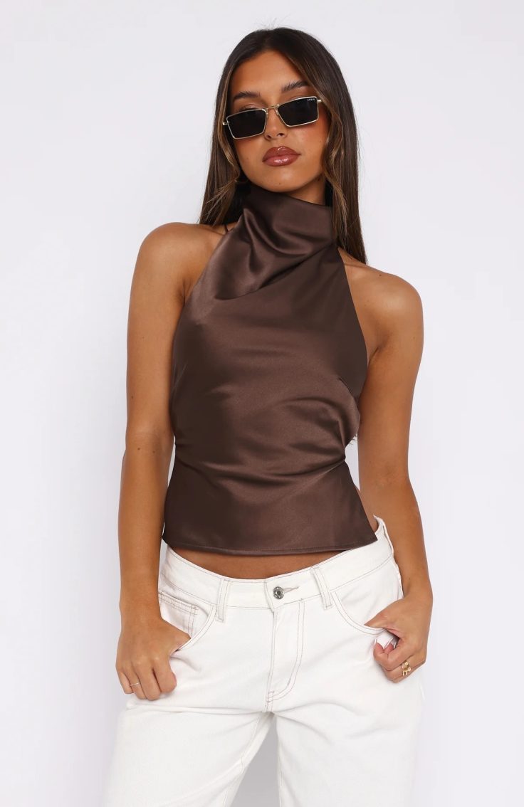 Brown Satin Halter Draped Cami