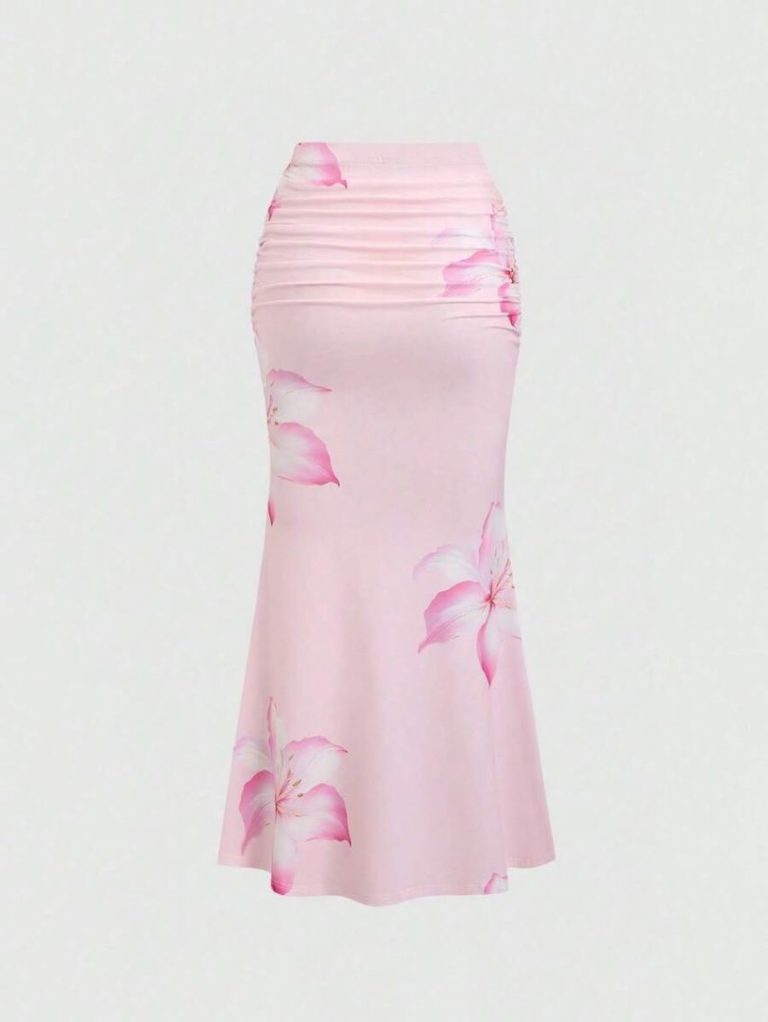 Pink Floral Ruched Midi Skirt