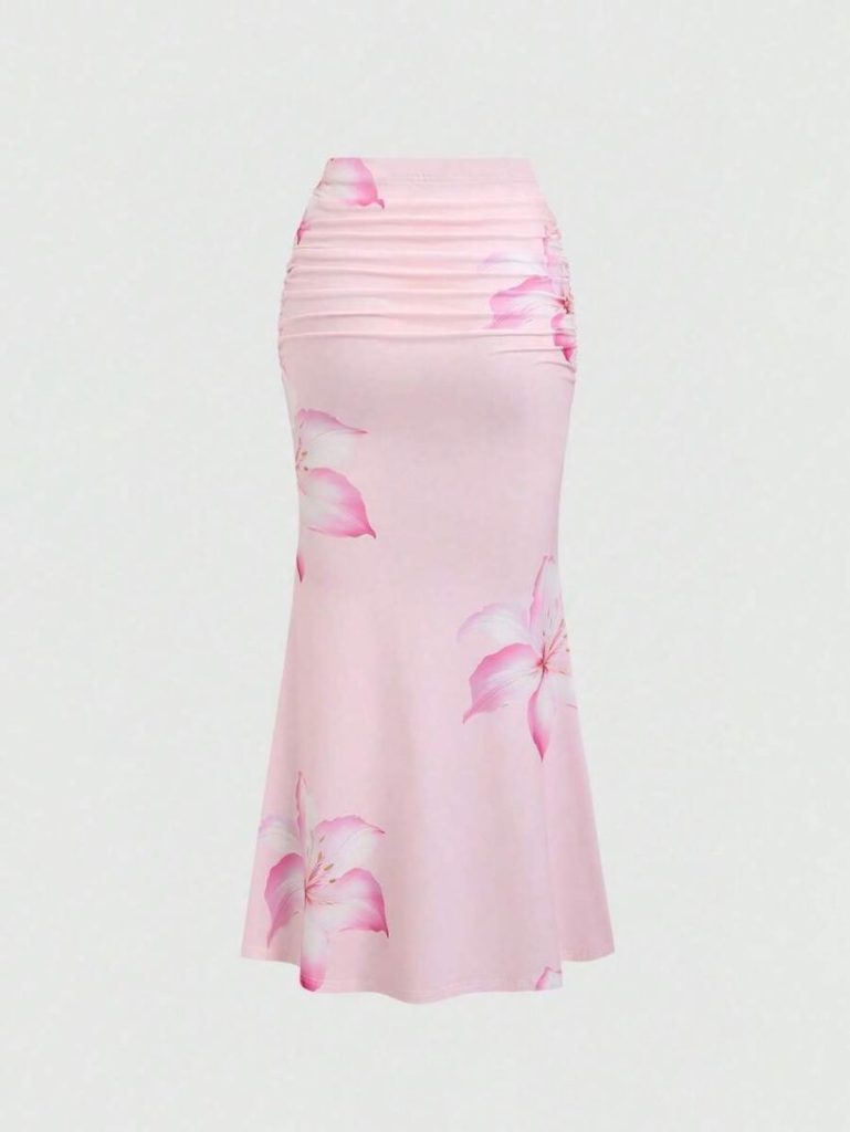 Pink Floral Ruched Midi Skirt