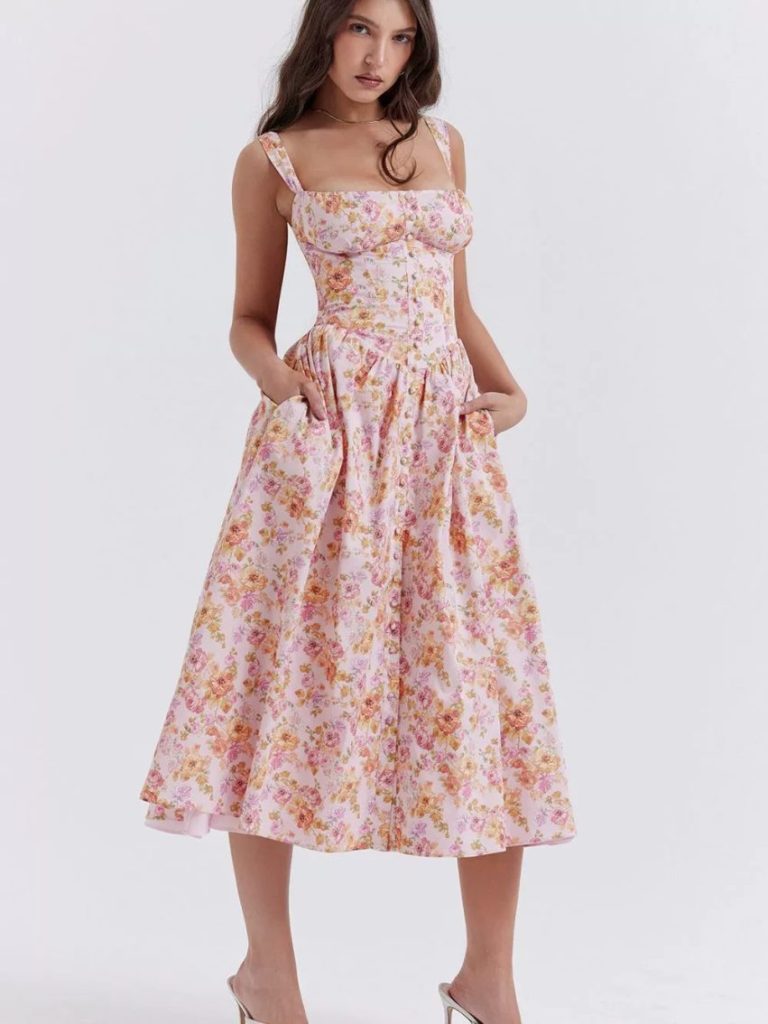 Floral Corset Pocket Midi Dress