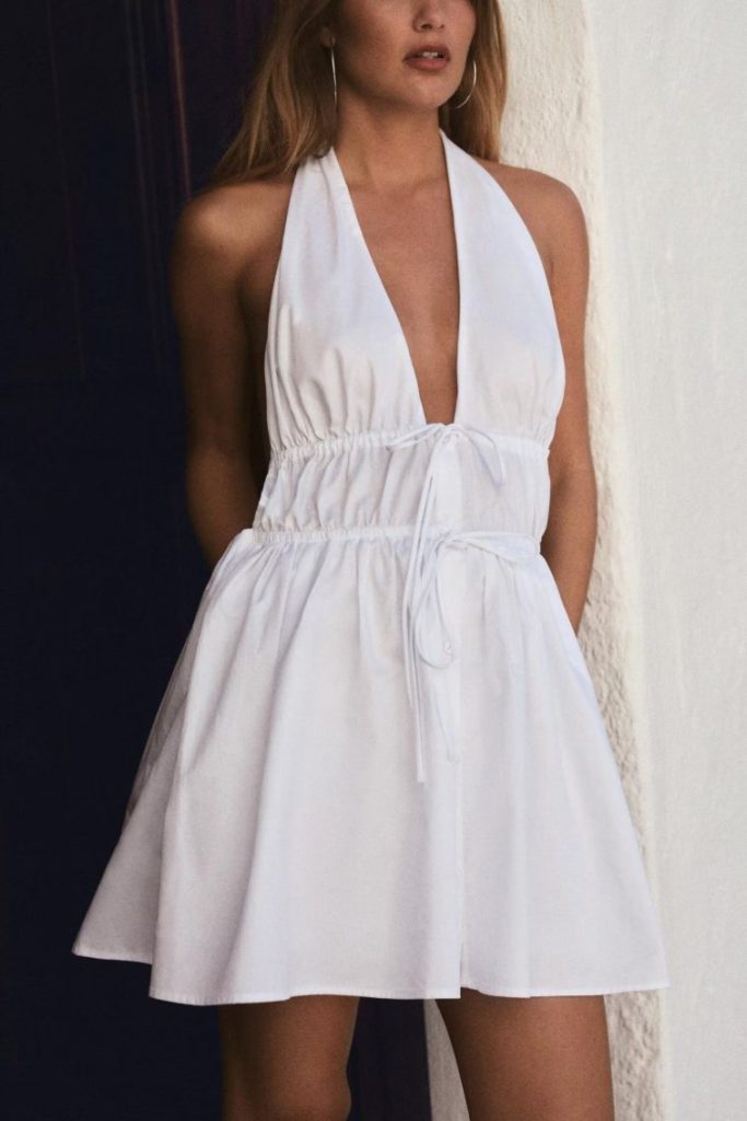 White Halter Tie-Waist Mini Dress