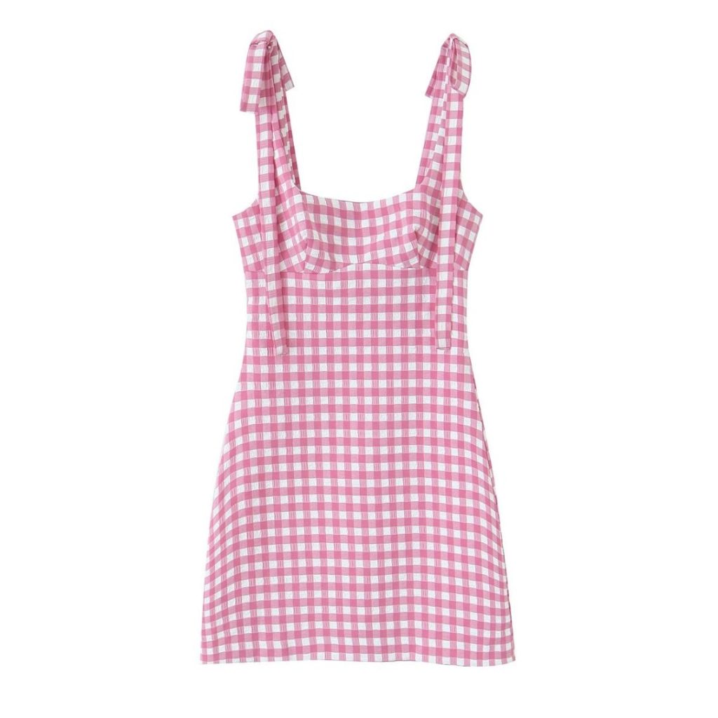Pink Gingham Tie-Shoulder Mini Dress