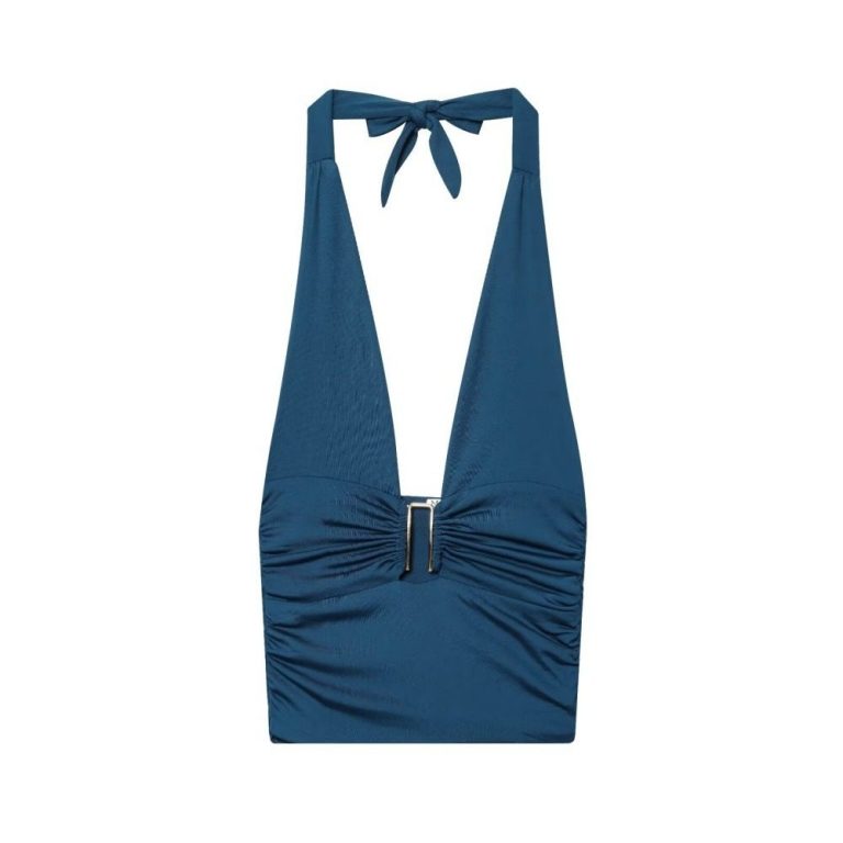 Teal Halter Ring Ruched Top