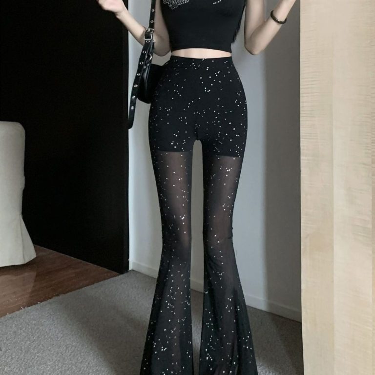 Sparkle Mesh Sheer Flare Pants