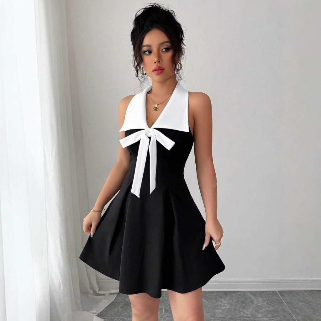 Chic Bow Halter Colorblock Dress