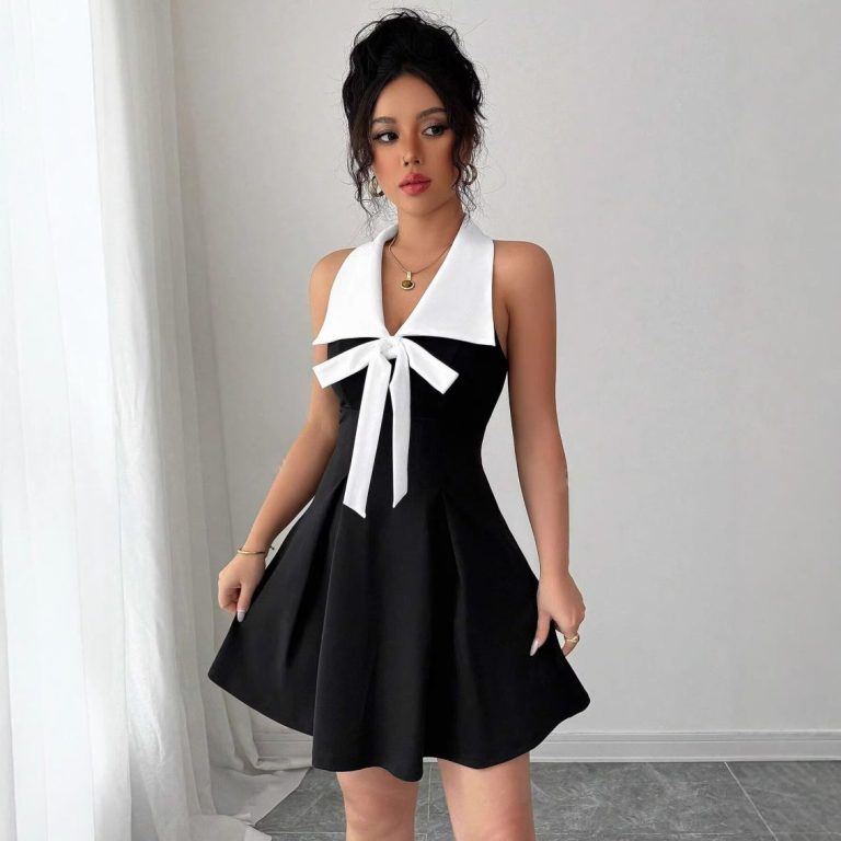 Chic Bow Halter Colorblock Dress
