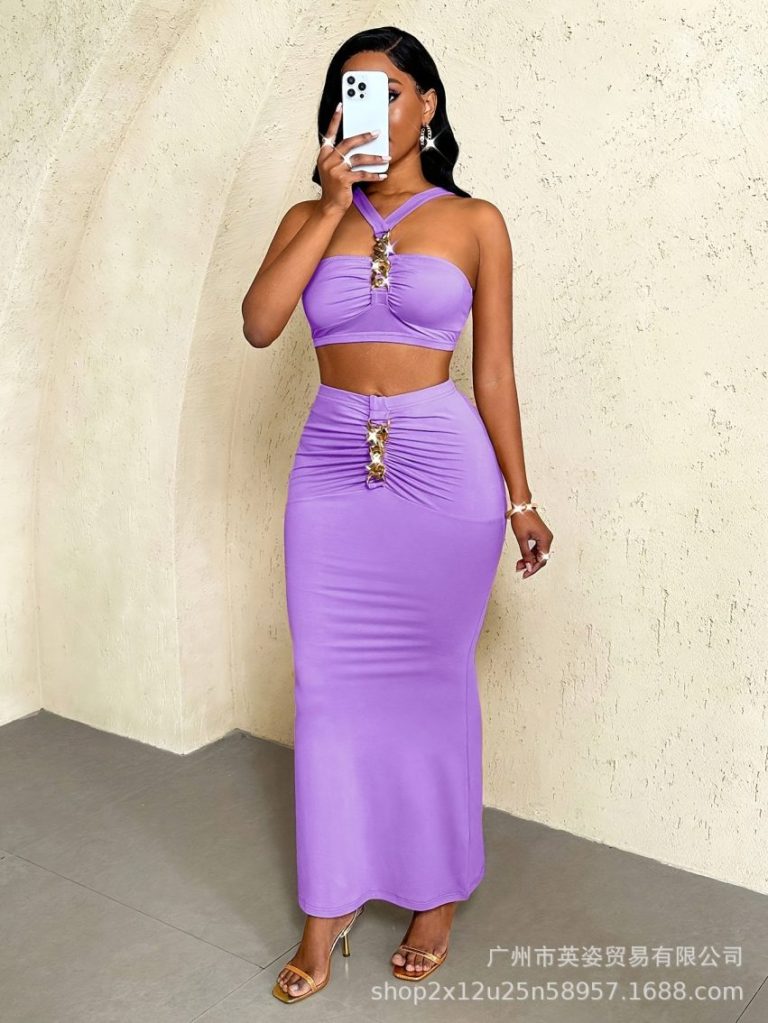 Purple Crystal Ruched Skirt Set