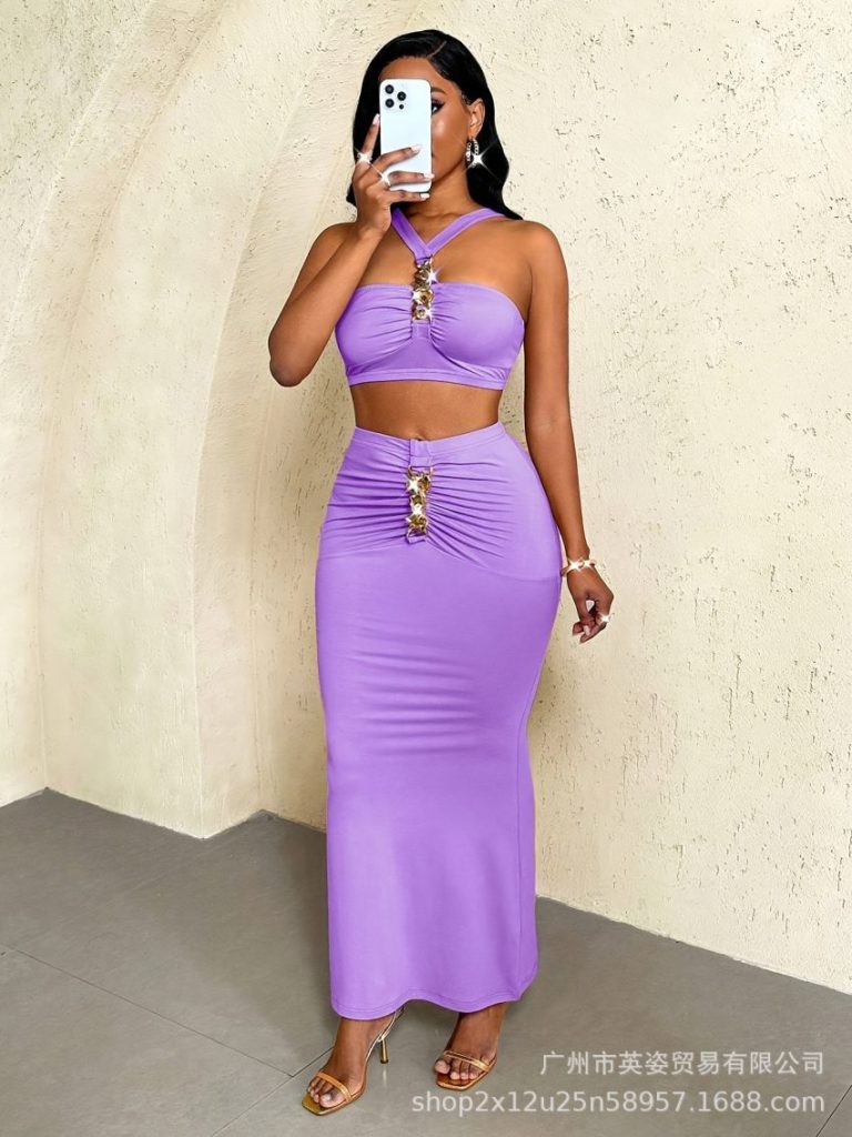 Purple Crystal Ruched Skirt Set