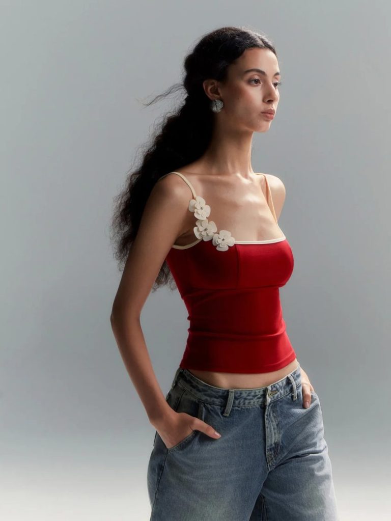 Red Floral-Strap Velvet Camisole