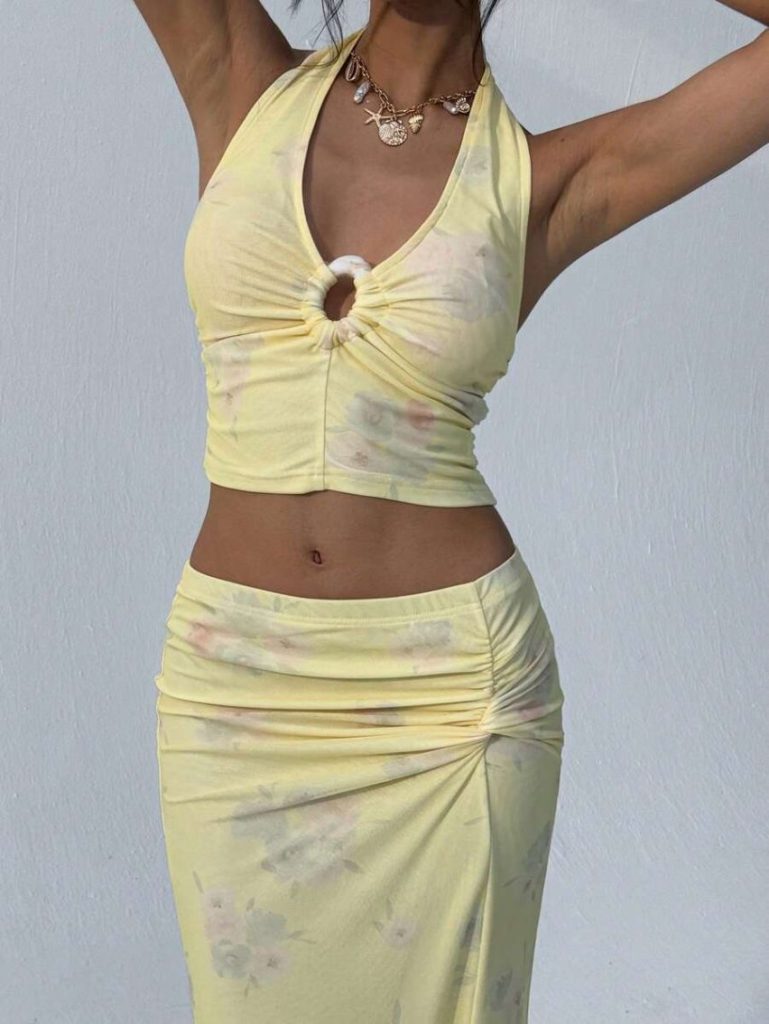 Yellow Floral Halter Maxi Set