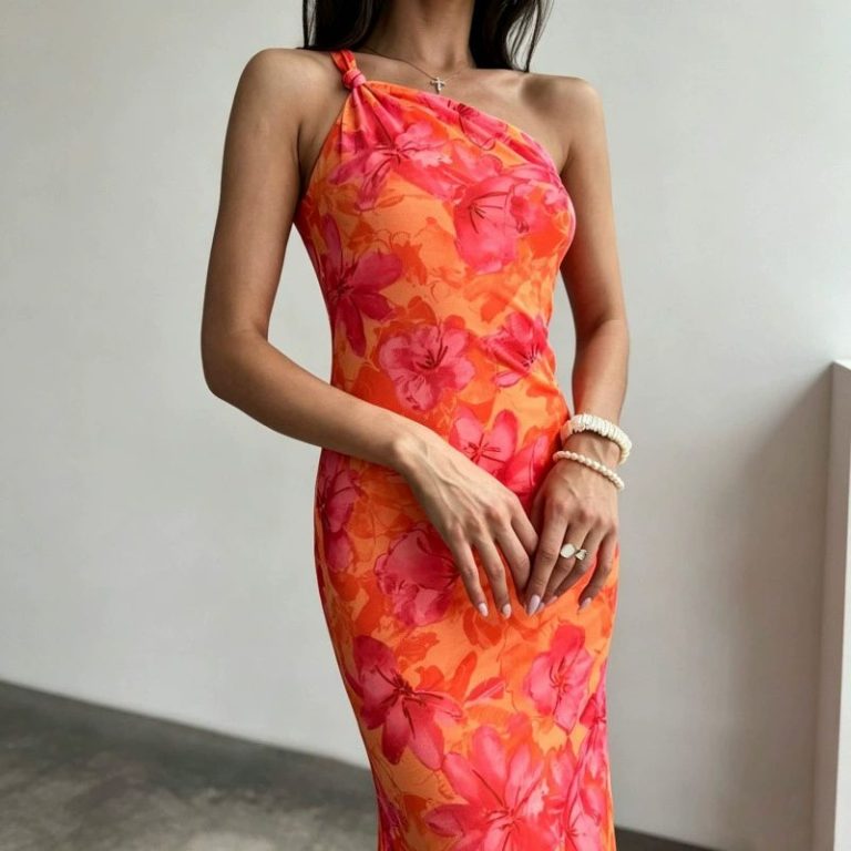 Tropical Floral One-Shoulder Midi Dress