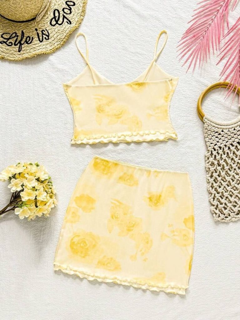 Yellow Floral Crop Skirt Set