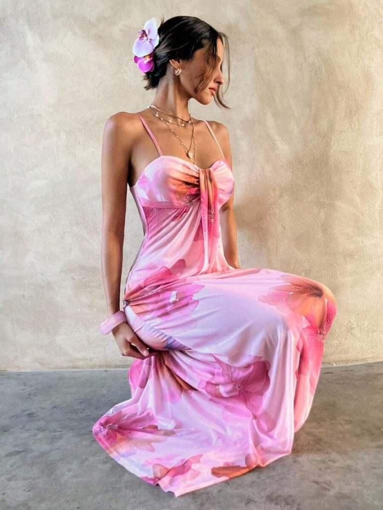 Pink Floral Halter Maxi Dress