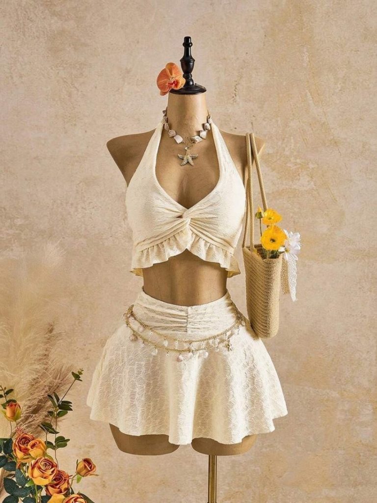 Cream Halter Crop Skirt Set