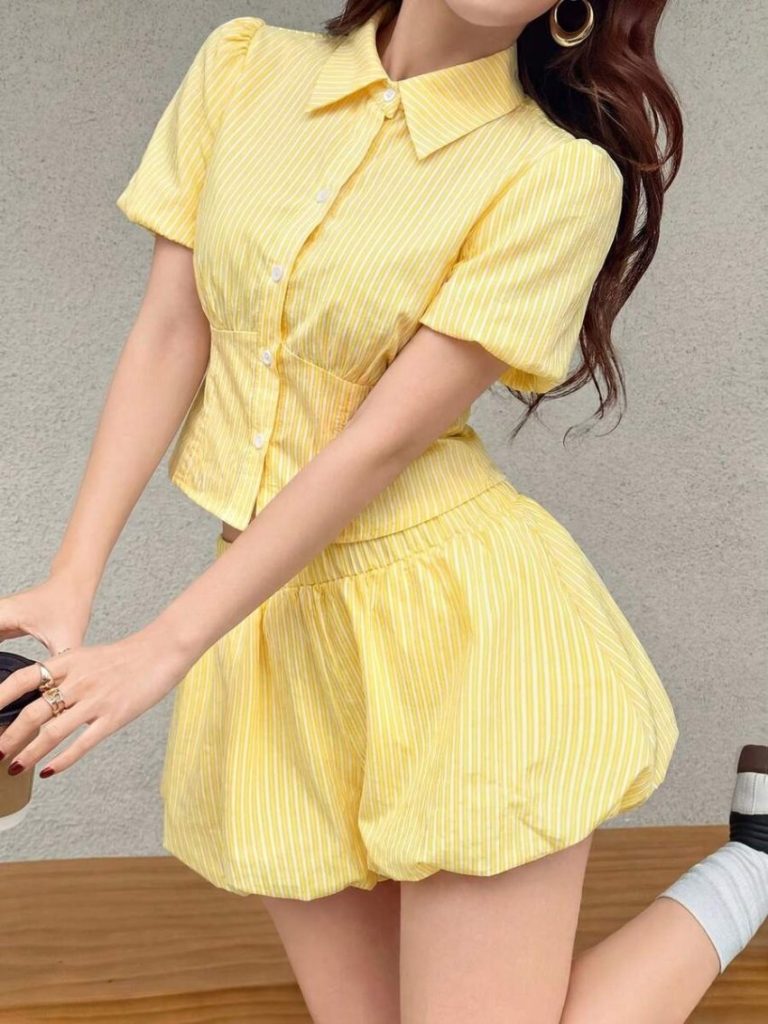 Yellow Stripe Shirt Shorts Set