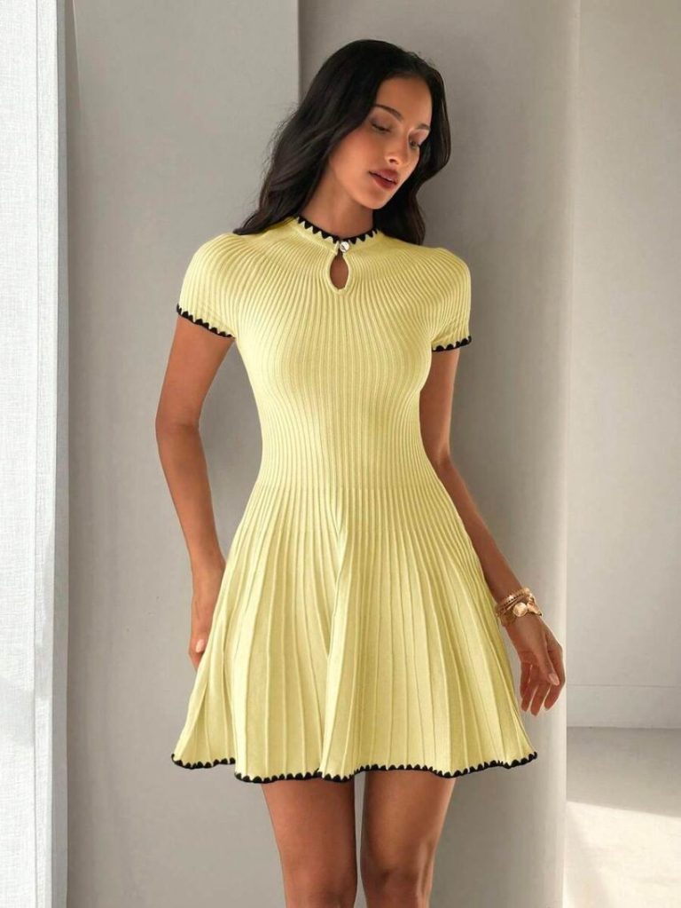 Yellow Ribbed Knit Mini Dress