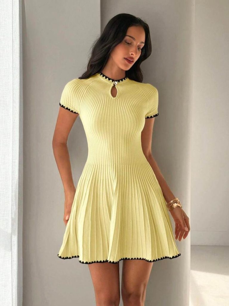 Yellow Ribbed Knit Mini Dress