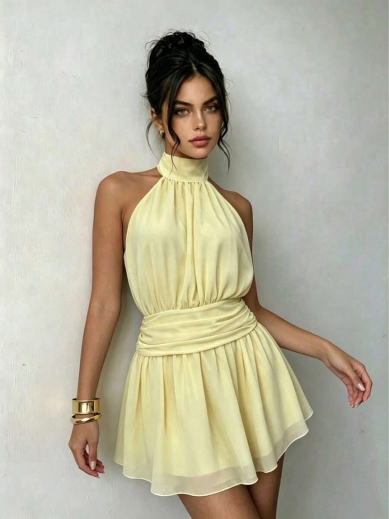 Yellow Halter Ruched Mini Dress
