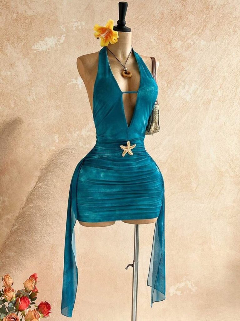 Halter Ruched Mesh Mini Dress