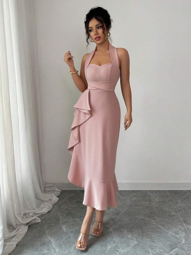 Pink One-Shoulder Ruffle Mini Dress