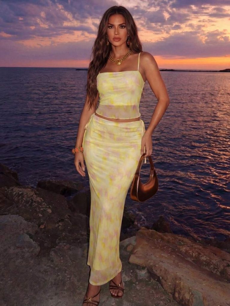 Yellow Halter Crop Skirt Set