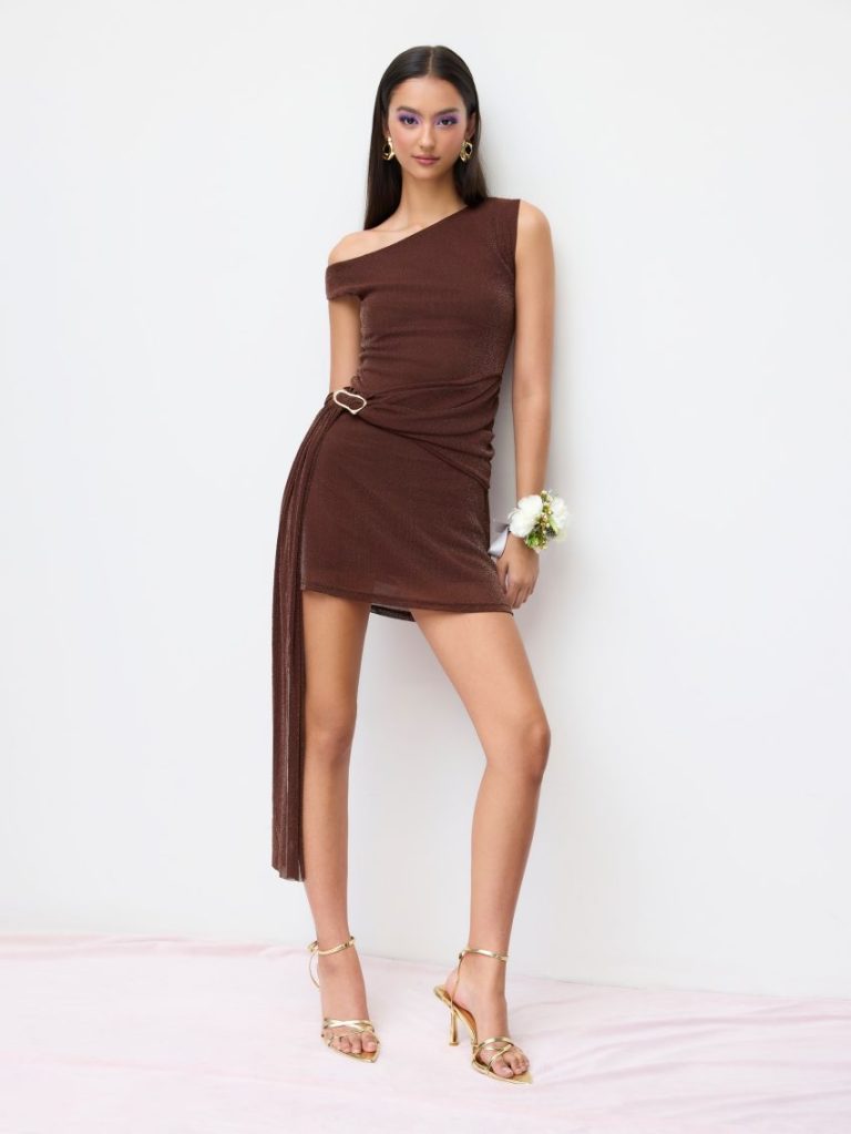 Brown One-Shoulder Ruffle Mini Dress