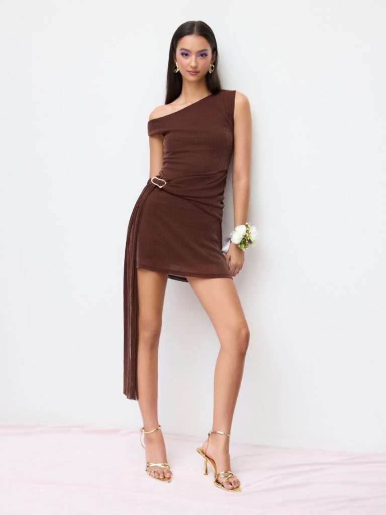 Brown One-Shoulder Ruffle Mini Dress